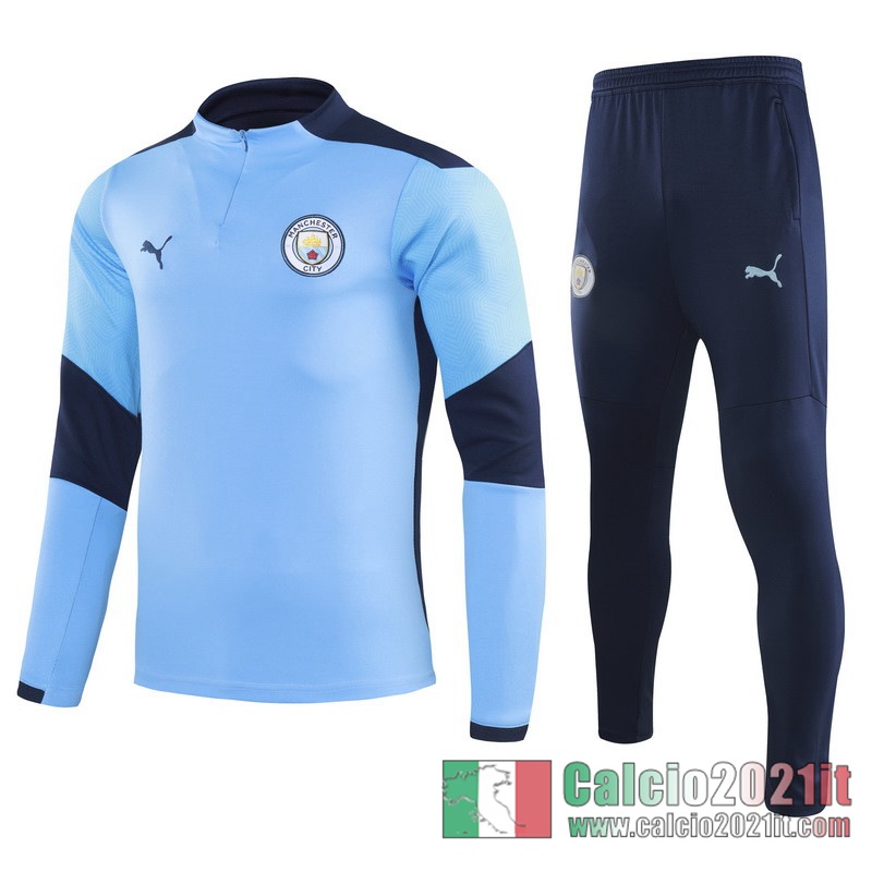 Manchester City Tuta Calcio Bambini Cielo blu Cerniera corta 2020 2021 TK43