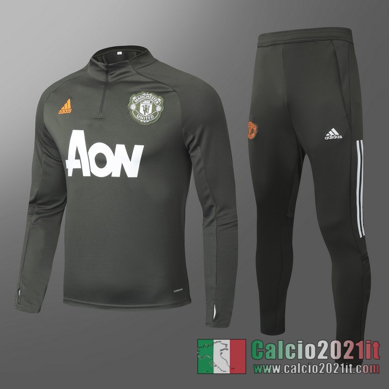 Manchester United Tuta Calcio Bambini Verde grigio Cerniera corta 2020 2021 TK47