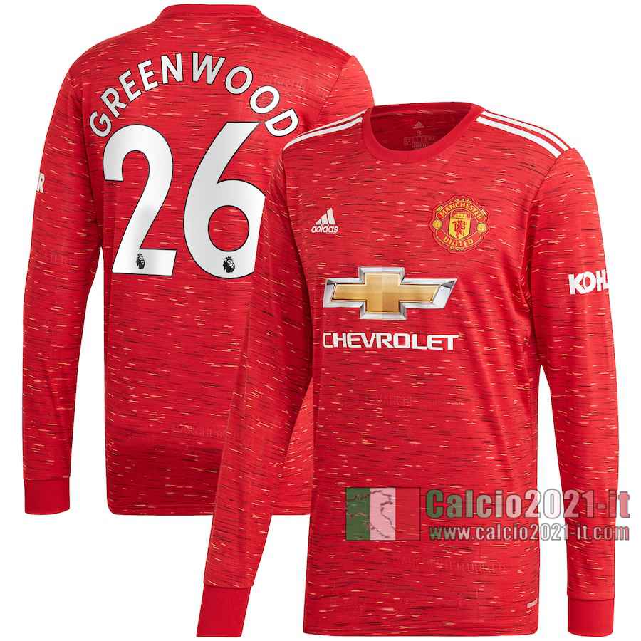 Le Nuove Prima Maglia Calcio Manchester United Uomo Manica Lunga Mason Greenwood #26 2020-2021