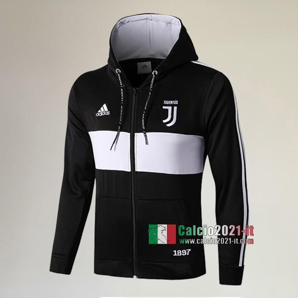 Nuova Del Juventus Full-Zip Giacca Cappuccio Hoodie Nera/Bianca Replica 2019/2020 :Calcio2021-it