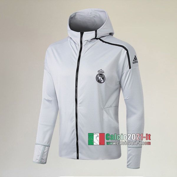 Nuove Del Real Madrid Full-Zip Giacca Cappuccio Hoodie Grigio Chiaro AAA Qualità 2019/2020 :Calcio2021-it