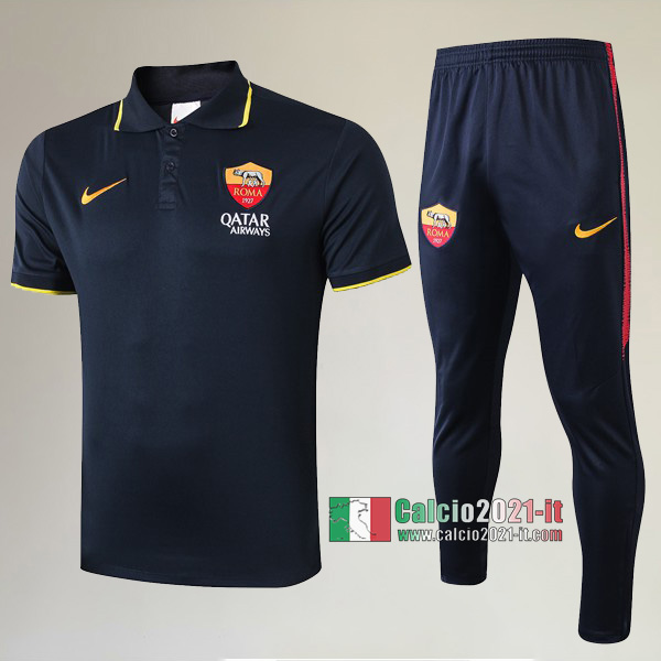 La Nuova Kit Magliette Polo AS Roma Manica Corta + Pantaloni Azzurra Marino 2019/2020 :Calcio2021-it