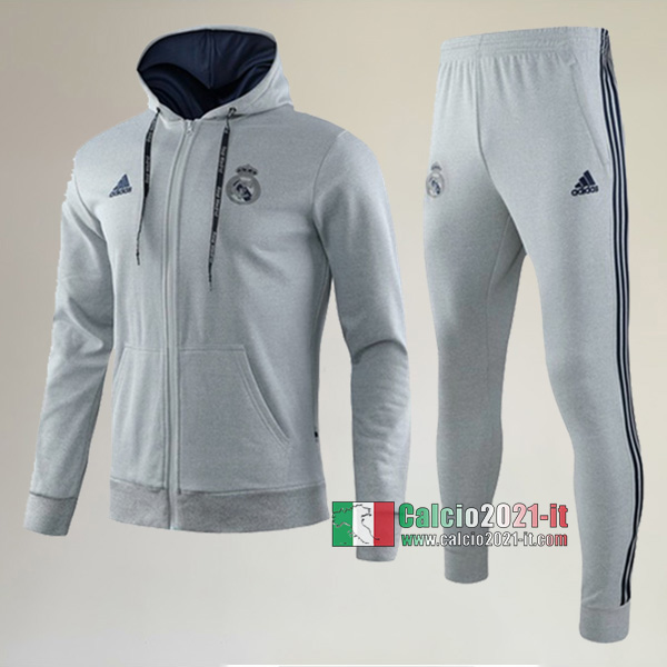 AAA Qualità: Full-Zip Giacca Cappuccio Hoodie Nuove Del Tuta Da Real Madrid + Pantaloni Grigia 2019-2020