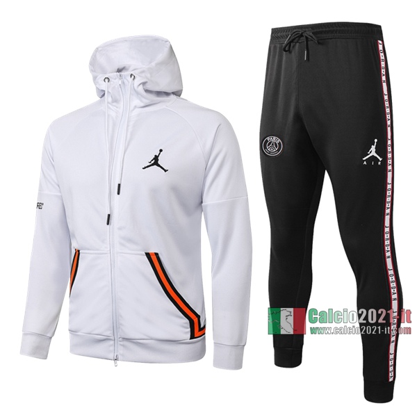 Calcio2021-It: Giacca Allenamento Paris Psg Cappuccio Air Jordan Full-Zip Bianca 2020 2021