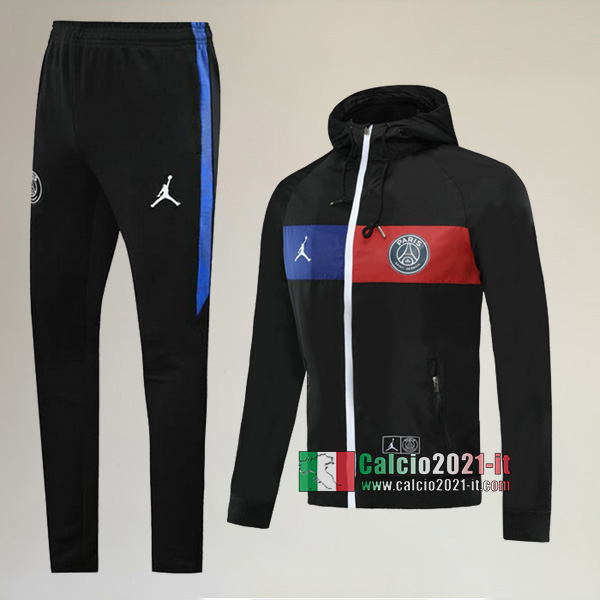 Full-Zip Giacca Antivento Cappuccio Hoodie Nuove Tuta PSG Paris + Pantaloni Nera 2020/2021