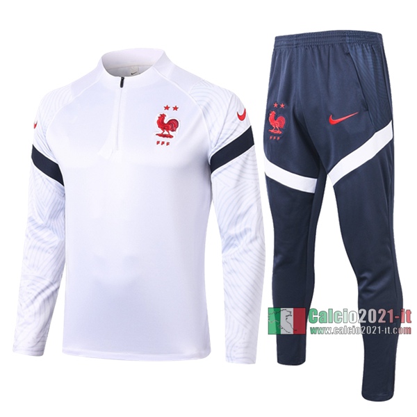 Calcio2021-It: Felpa Tuta Francia Half-Zip Bianca 2020 2021