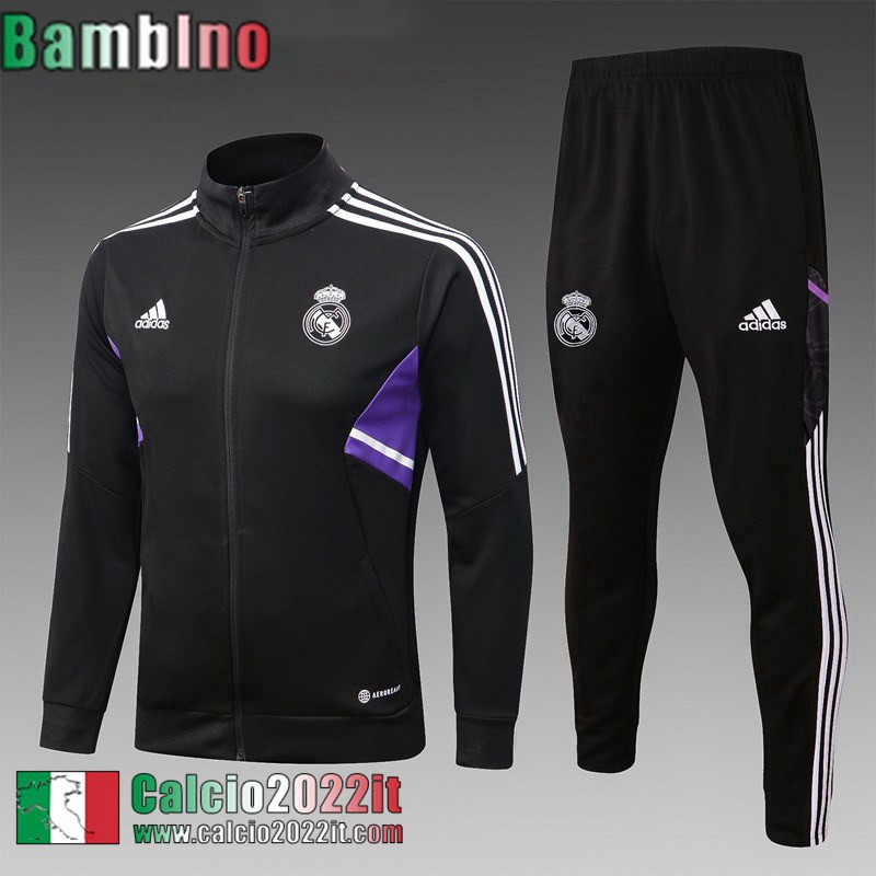 Full Zip Giacca Real Madrid Nero Bambini 2022 2023 TK456